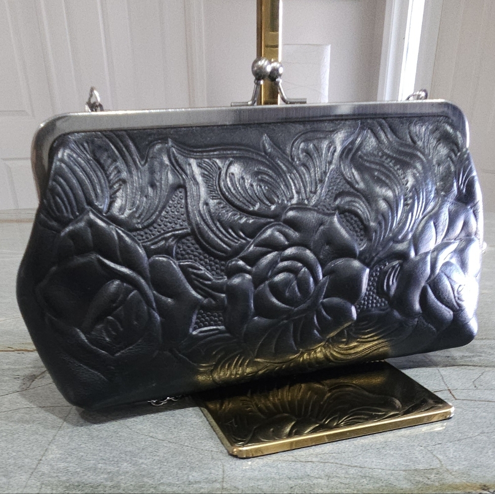 Patricia Nash Embossed Leather Clutch w/ Silver Chain Crossbody